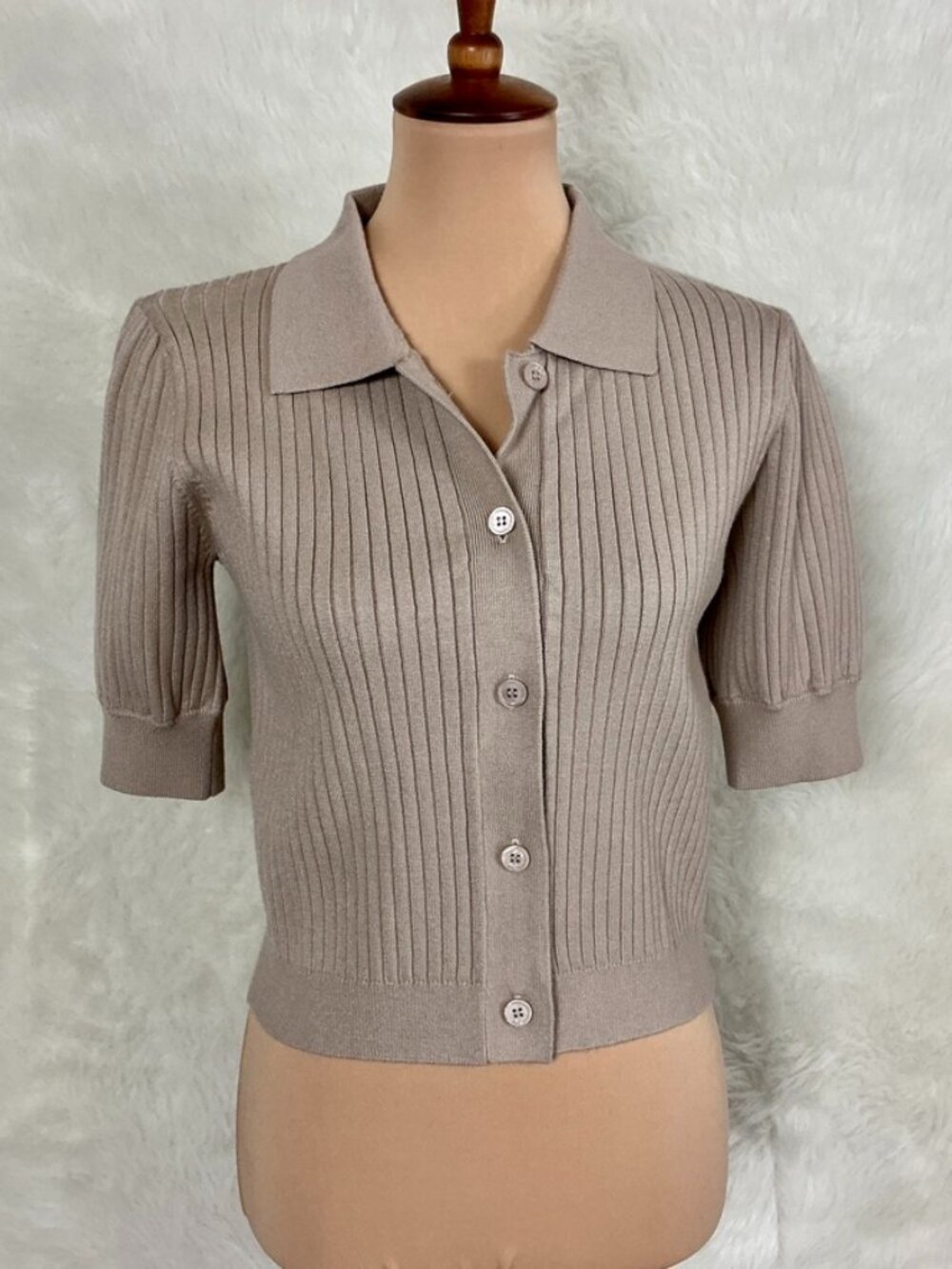 Sundays Hazel Tan Puff Sleeve Ribbed Button Front Elia Cardigan Sweater NWOT M
